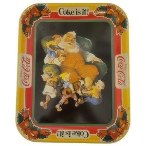VINTAGE  COCA COLA METAL/TIN TRAY SANTA AND HIS ELVES 13"x 10.5"